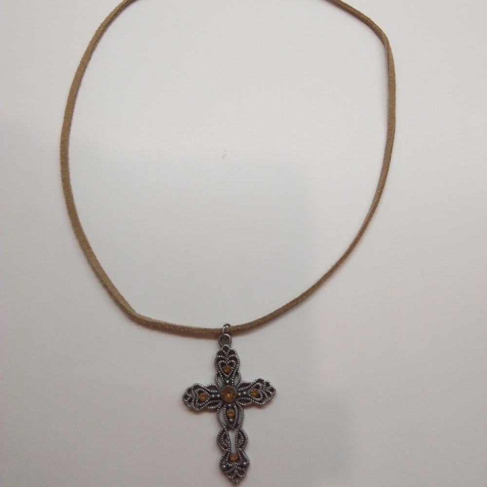 Amber Stone Silver Filigree Cross Pendant
